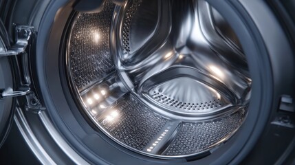 The inside of a washing machine drum is shown, featuring a shiny metal surface and built-in lights. This drum design aims to enhance visibility during laundry tasks