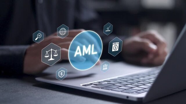 AML, Anti money laundering financial bank concept. Businessman use laptop with AML virtual icon for anti money laundering regulations.