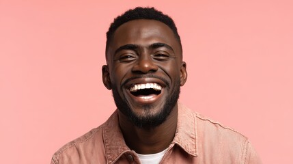 handsome unshaven young darkskinned male laughing out loud at funny meme he found on internet smiling broadly showing his white straight teeth positive human facial expressions and emotions no logos 