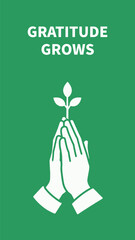 Fototapeta premium Minimalist Green Poster Illustrating Growth of Gratitude: Cupped Praying Hands Gently Holding a Sprouting Plant, Symbolizing the Cultivation of Thankfulness and Inner Peace.