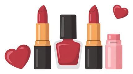 Red lipstick nail polish and makeup items with hearts