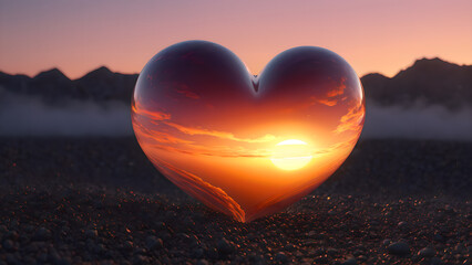 Fototapeta premium Abstract art of a heart at sunrise with mountain