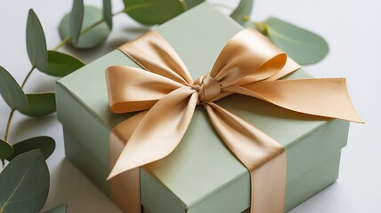 Sage Green Gift Box with Gold Ribbon and Eucalyptus