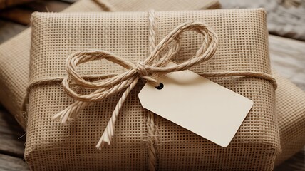 Rustic Gift Wrapped Package with Twine and Blank Tag