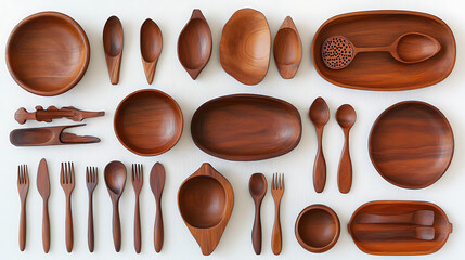 a collection of handmade wooden bowls, cups, plates, and cutlery. 