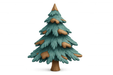Stylized christmas tree 3d rendering with fluffy blue-green texture and brown felt winter snow patches