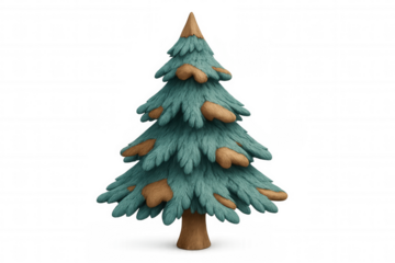 Stylized christmas tree 3d rendering with fluffy blue-green texture and brown felt winter snow patches
