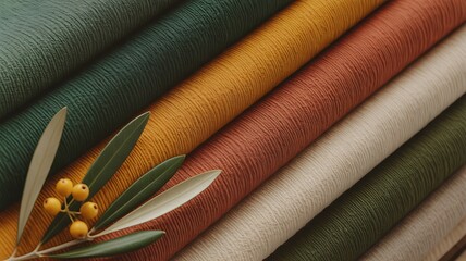 Stacked Textured Fabrics in Earthy Tones with Olive Branch