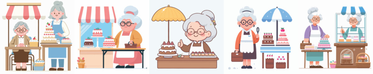 vector of grandmother selling cakes