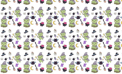 Seamless Pattern Magic Frog Witch Cute Animal 