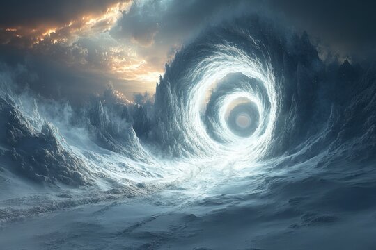 Large white vortex in snowy landscape.