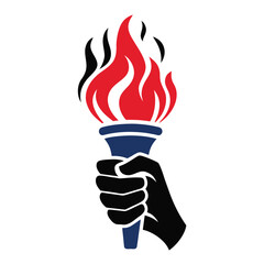 Black hand holding a torch with red and black flames on a white background fire