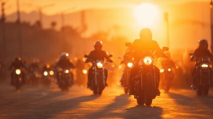 Groups of motorcycle riders travel along a road during sunset, surrounded by a golden sky and soft dust. The atmosphere feels vibrant and adventurous, showcasing the freedom of riding