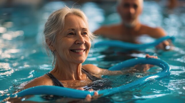 smiling senior woman doing aqua fitness with swim noodles happy mature healthy woman taking fitness classes in aqua aerobics healthy old woman holding swim noodles doing aqua gym with young trainer n