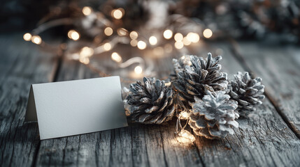 Blank greeting card with pinecones and fairy lights on wooden table  
