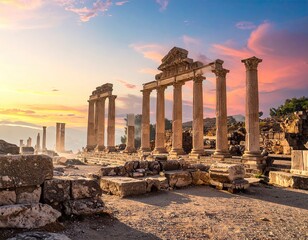 Ancient Ruins at Sunset: Golden Hour Light on Stone Columns