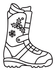 Winter boot coloring page with holly and snowflake decorations - stock vector