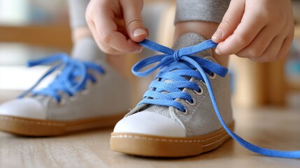 Child ties blue shoelaces on grey sneakers while sitting indoors in a cozy environment, capturing a moment of learning and independence