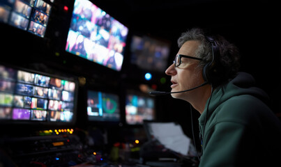 A middle-aged man with a headset microphone. He works at a control panel, surrounded by multiple glowing screens displaying various video feeds. Media production. Live broadcast technician.