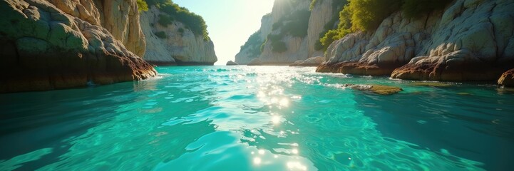 Obraz premium Breathtaking vista showcases crystal-clear turquoise water reflecting the sunlight, framed by rocky cliffs adorned with greenery under a bright sky, creating a tranquil and inviting scene.