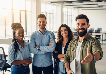 United in Professionalism: A dynamic quartet of business individuals, unified by their confidence, extending an invitation of collaboration with a warm, welcoming presence.