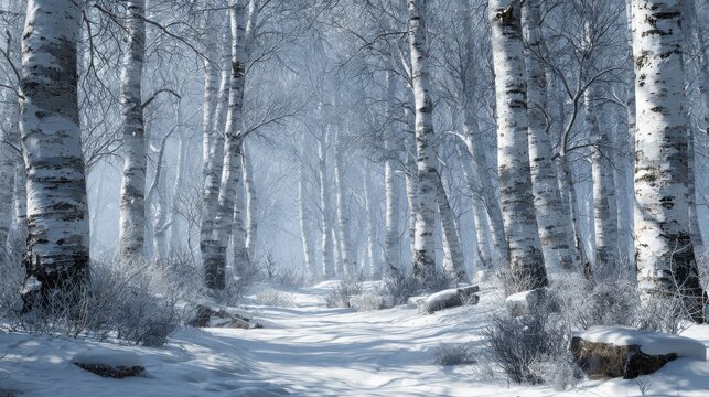 snowy birch trees winter wonderland forest scene