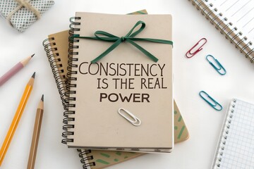 Stacked notebooks tied with a green ribbon showing a motivational quote