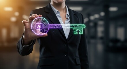 Businesswoman holds holographic key with glowing digital circuits symbolizing unlocking innovation automation potential and transformative power of AI in modern business strategies