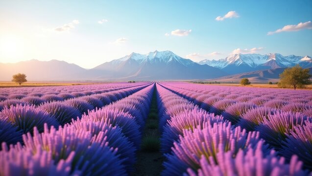 Majestic lavender fields stretch towards distant snow-capped mountains under a clear blue sky, with the sun casting a warm golden light over the landscape. - Powered by Adobe