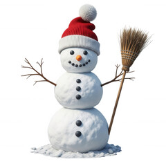 Cheerful snowman wearing red hat and holding broom isolated on a transparent background winter christmas