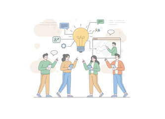 A group of four business professionals is engaging in focused brainstorming and strategy session. They are pointing toward a central, growing lightbulb - the symbol of a big idea.