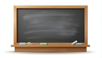 Blank chalkboard with chalk resting on a wooden shelf, perfect for education, notes, and announcements