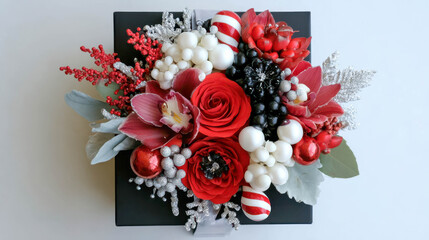 Beautiful red and white holiday floral arrangement with ornaments and greenery for festive decoration
