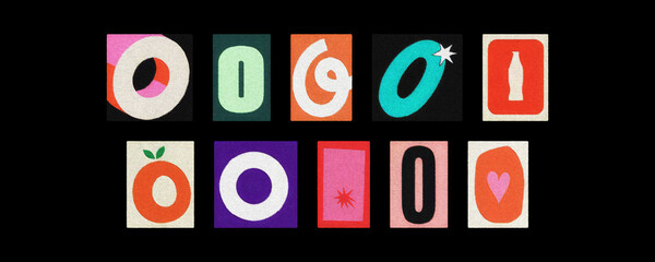 Magazine letter O cutout collage set arranged on a solid black background

