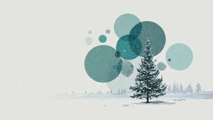 Solitary snow-dusted evergreen stands in a snowy field, subtly overlaid with translucent teal circles suggesting falling snow or bokeh effect, minimalist winter scene