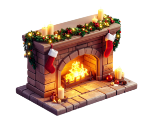 3D Isometric Festive Fireplace with Christmas Decorations, Transparent PNG
