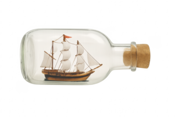 Ship in bottle, miniature model on transparent background