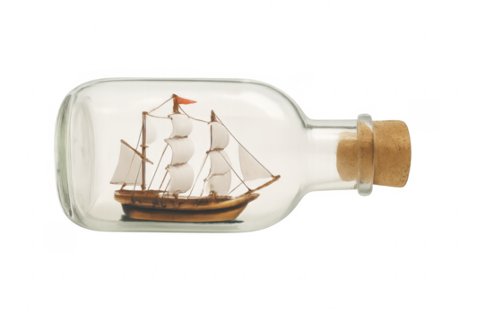 Ship in bottle, miniature model on transparent background