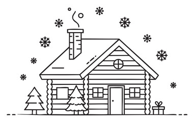 Fototapeta premium Cozy winter cabin with snowflakes and evergreen trees in black and white drawing - stock vector