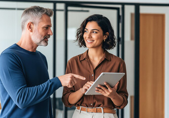 Collaborative Discussion in Office: A modern office setting where a focused, diverse professional interacts with a colleague, exchanging insights on a tablet.