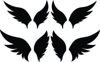 Black Wing Silhouette Set. Multiple Vector Icons and Designs. Set of Wing Silhouettes. Black Vector Collection on White Background.
