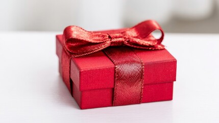 A neatly wrapped red gift box with a shiny ribbon bow sits elegantly on a white surface,