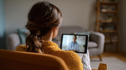 back view of woman making video call with her doctor while staying at home close up of patient in video conferencing with general practitioner on digital tablet sick girl in online consultation no lo