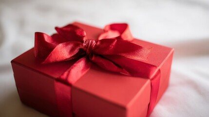 A vibrant red gift box with a matching bow sits atop a soft white background,