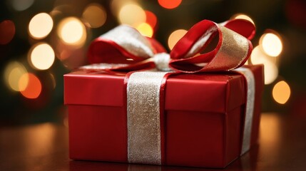 A red gift box with golden glittering ribbon ties in large bows, featuring a white diagonal strip for contrast,