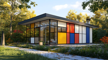 A modern house with a flat roof and a grid of windows and colored panels,