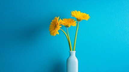 A vase filled with vibrant yellow flowers stands against a serene blue background,