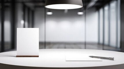 A round table with a blank white sign on a poster stand,