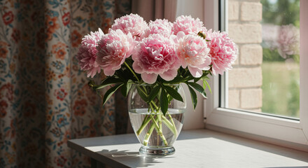 Romantic pink peonies in a vase on windowsill near the window