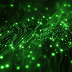 Fototapeta premium Abstract circuit board with glowing green pathways. Intricate network of interconnected lines and luminous points. Dark background emphasizes vibrant green. Complex, detailed, and futuristic